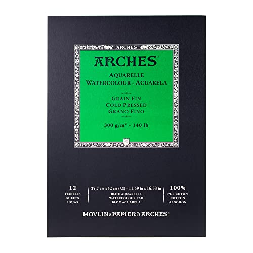 Arches Watercolor Pad 11.69x16.53-inch Natural White 100% Cotton Paper - 12 Sheet Arches Watercolor Paper 140 lb Cold Press Pad - Arches Art Paper for Watercolor Gouache Ink Acrylic and More - 11.69"x16.53" - Cold Press
