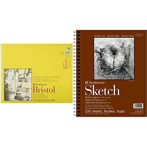 Strathmore 300 Series Bristol Paper Pad and Strathmore 400 Series Sketch Pad - Smooth - 14x17 - Tape Binding - Paper Pad + Paper Pad, 9"X12"