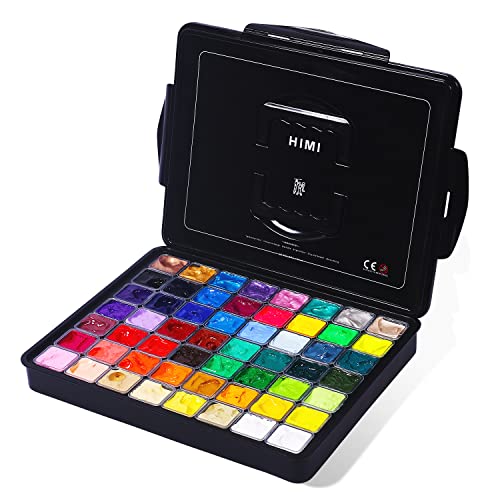 HIMI Gouache Paint Set, 56 Colors x 30ml Include 8 Metallic and 6 Neon Colors, Unique Jelly Cup Design in a Carrying Case Perfect for Artists, Students, Gouache Opaque Watercolor Painting
