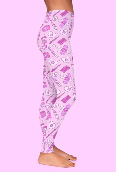 Pink Kawaii Menhera Leggings, Yami Kawaii Tights, Syringes Pills Bandages Kawaii Clothing, Pastel Goth Clothes, Y2K Clothing, Fairy Kei Alt