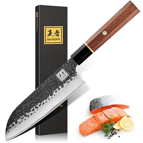ENOKING Japanese Santoku Knife 7 Inch, High Carbon Steel Hand Forged Japanese Knife, 5 Layers 9CR18MOV Kitchen Chef Knife, Chopping Knife with Octagonal Rosewood Handle - Santoku chef knife