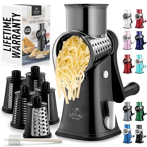 Zulay Kitchen Rotary Cheese Grater 5 Blade Cheese Shredder - Manual Hand Crank Cheese Grater With Reinforced Suction & 5 Interchangeable Drums - Easy to Use, Vegetable Chopper Round Mandoline Slicer - 5 Blades - Jet Black