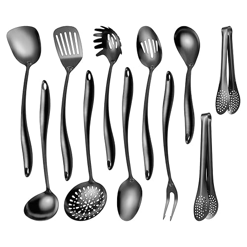 304 Stainlss Steel Matte Kitchen Utensils Set, 11 Pcs Long Metal Cooking Utensil Gadgets Tools Set with Spatula, Ladle, Spoon, Skimmer, Tunner, Pasta Server, Tongs(Black, Dishwasher Safe) - Black