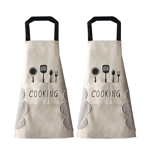 DILLMAN Women Kitchen Apron with Hand Wipe Pockets，Big Pocket,Hand-wiping, Waterproof for Cooking Baking - White + White