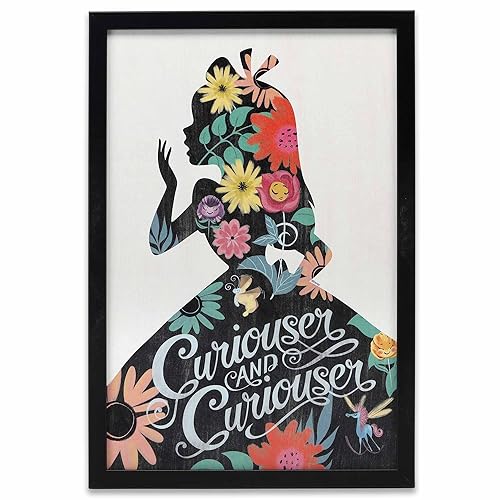 Disney Alice in Wonderland Curiouser and Curiouser Framed Wood Wall Decor - Floral Silhouette Alice Wall Art for Home Decorating - Black