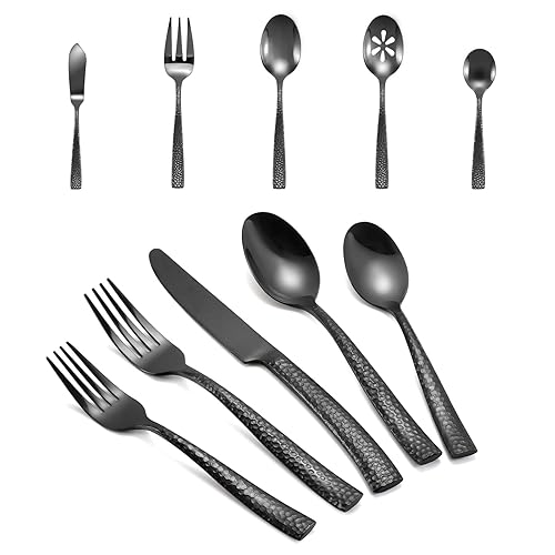 Kelenfer Silverware 65-Piece Black Hammered Flatware Set with Serving Utensils Stainless Steel Thick Handle Mirror Polished Cutlery Set for Wedding Hotel Restaurant, Service for 12 - 65 Pcs - Hammered Black