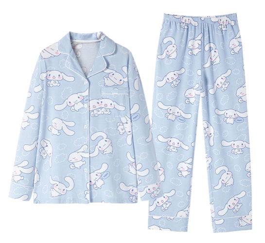 WANHONGYUE Kawaii Cartoon Pajamas for Women Girls Long Sleeve Shirt with Pj Pants Sleepwear Home Wear 2 Piece Pajama Sets - L - Blue-1