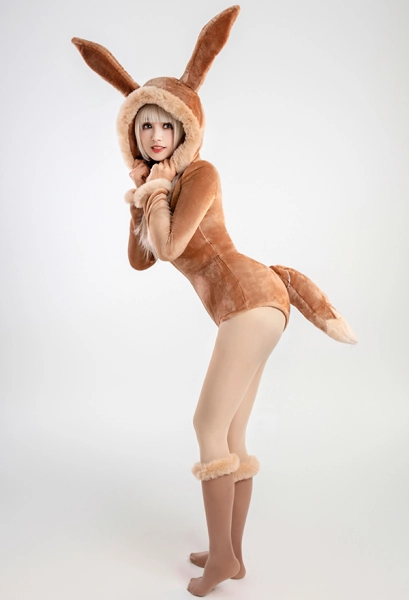 PM Derivative Sexy Lingerie Bodysuit Plush Fluffy Hooded Deep V Romper and Socks with Belt and Tail