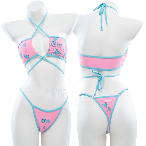 Love - Retro Charm Anime Swimsuit - Blue & Pink / M/L