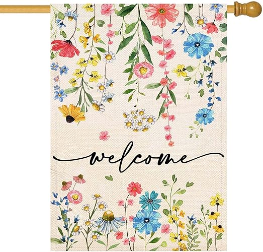 Baccessor Summer Welcome Floral House Flag 28x40 Inch Double Sided Summer Large Yard Flag Spring Outside Outdoor Seasonal Burlap Flowers Flags Home Patio Decoration - House Size(28 x 40 Inch) - Spring Summer Floral