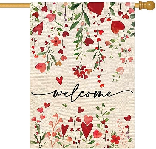 Baccessor Valentine's Day Welcome House Flag 28 x 40 Inch Vertical Double Sided Red Love Heart Floral Yard Spring Farmhouse Holiday Outdoor Outside Welcome Lawn Decoration（large） - House Size(28 x 40 Inch) - Valentine's Day Welcome