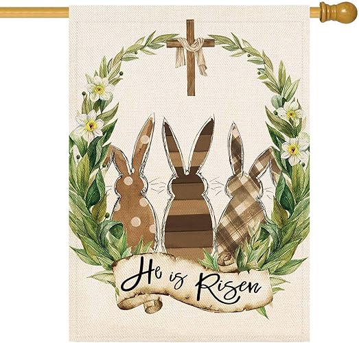 Baccessor He is Risen Easter House Flag Double Sided Polka Dot Rabbit Bunny Laurel Wreath Burlap Yard Flag Spring House Holiday Farmhouse Outside Outdoor Decoration 28 x 40 Inch(Large) - House Size(28 x 40 Inch) - He is Risen