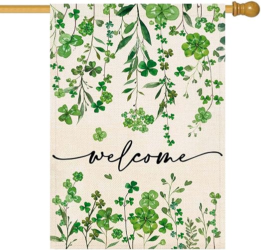 Baccessor St Patrick's Day Welcome House Flag 28 x 40 Inch Vertical Double Sided Green Shamrock Clover Lucky Small Yard Burlap Spring Rustic Happy Saint Patty's Day Irish Outdoor Decoration（Large） - House Size(28 x 40 Inch) - St Patrick's Day