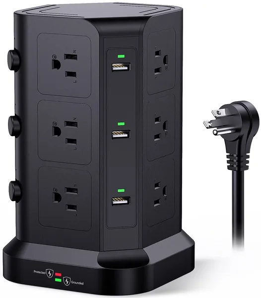Power Strip Tower by KOOSLA, [15A 1500J] Surge Protector - 12 AC Multiple Outlets & 6 USB Ports, Flat Plug 14 AWG Heavy-Duty Extension Cord 6.5ft, Home Office Supplies, Dorm Room Essentials Black - 6.5 ft Black