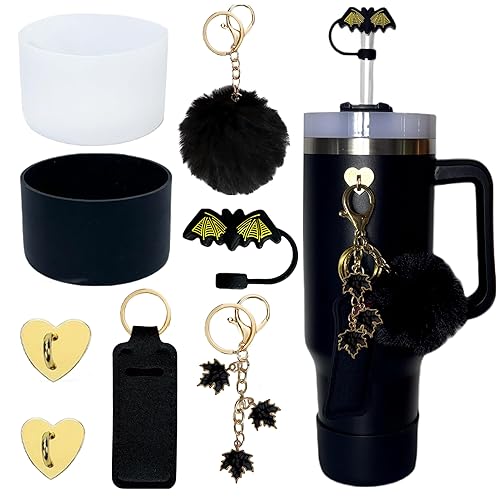 Halloween Accessories for Stanley Cup 40oz,2 Silicone Boots for Stanley Tumbler,1Bat Straw Cover Topper,2 Charms Hooks,1 Lipstick Holder,1 Pompom Ball,1 Cute Keychain Charms (Black,Transparent)