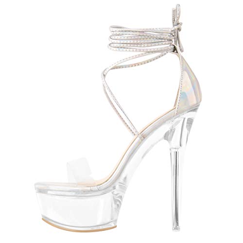 MissHeel Clear Platform Sexy Heels Lace-up - 8 - Silver