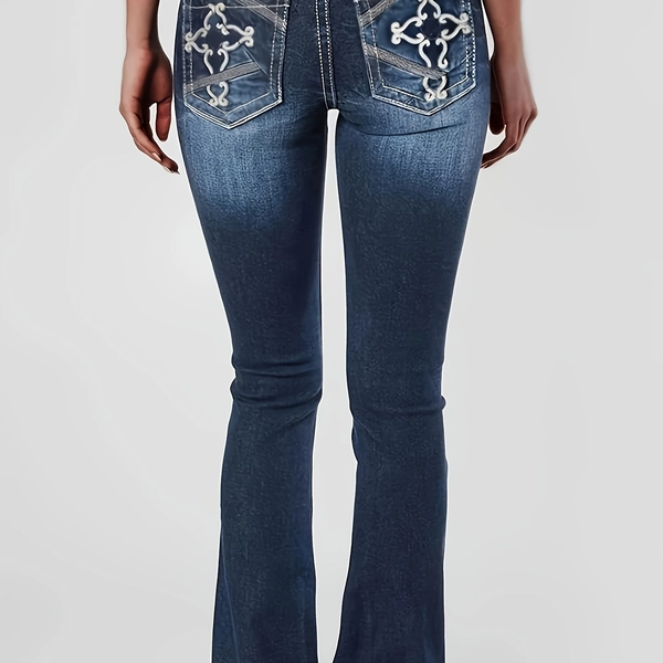 Embroidered Decor Niche Straight Jeans, High Stretch Slant Pockets Denim Pants, Women's Denim Jeans &amp; Clothing