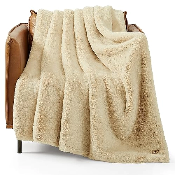 UGG 16798 Euphoria Plush Faux Fur Reversible Throw Blanket for Bed Couch Luxury Hotel Style Fuzzy Fluffy Soft Luxurious Cozy Home Decor Machine Washable Easy Care Blanket, 70 x 50-inch, Bone