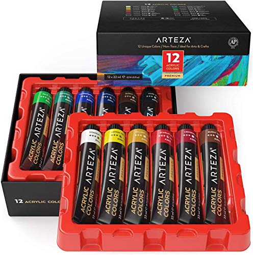 Arteza Acrylic Paint Set, 12 Colours/Tubes, (22 ml, 0.74 oz.), with Storage Box, Rich, Pigments, Non Fading, Non Toxic, Art Supplies for the Professional Artist & Hobby Painters - 22 ml (Pack of 12)