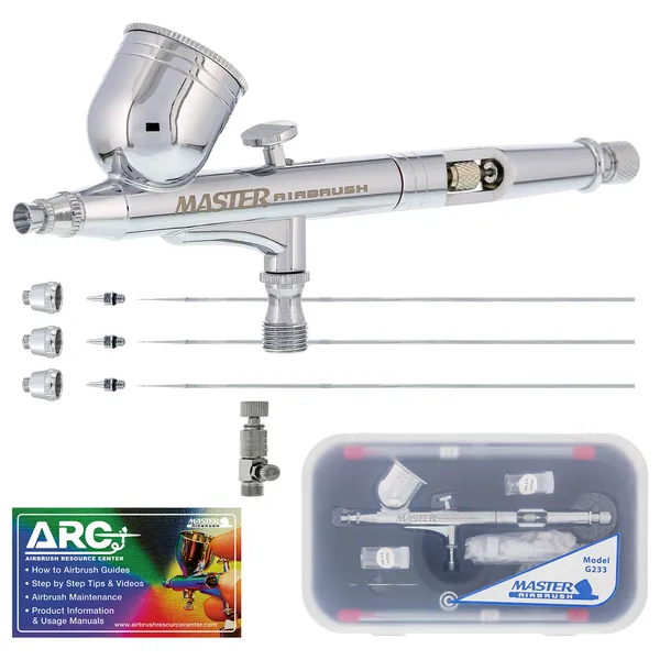 Master Airbrush Master Performance G233 Pro Set with 3 Nozzle Sets (0.2, 0.3 & 0.5mm Needles, Fluid Tips and Air Caps) - Dual-Action Gravity Feed Airbrush, 1/3 oz Cup, Cutaway Handle - How-to-Guide - 