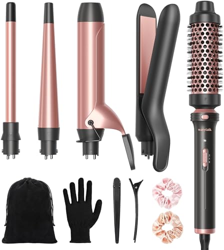 Wavytalk 5 in 1 Curling Iron, Curling Iron Set with Thermal Brush and 4 Interchangeable Ceramic Curling Wand(0.5”-1.25”),Instant Heat Up Hair Curling Iron - Curling Iron（0.5“-1.25”）&1"flat iron - Rose Gold