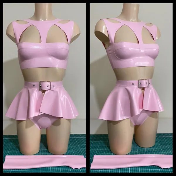 Rubber Latex Cut Out Bra Top, Peplum, High Waisted Briefs and Gloves Set