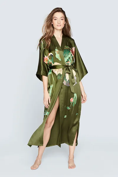Silk Handpainted Crane Kimono Robe | Olive