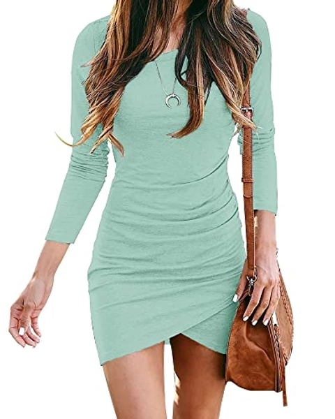 BTFBM Women Fashion Ruched Elegant Bodycon Long Sleeve Wrap Front Solid Color Casual Basic Fitted Short Dresses