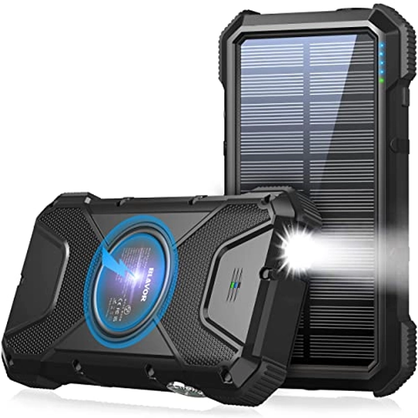 BLAVOR Solar Power Bank, PD 18W QC3.0 Fast Charging 10W Wireless Charger 20000mAh Solar Powered Powerbank with Type C Input/Output, IPX5 Waterproof, Camping Flashlight, Compass, Carabiner (Black)