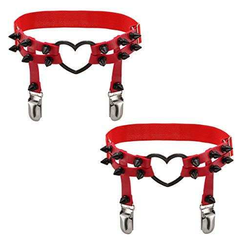 Eigso Steampunk Gothic Garter Belts Leg Rings Heart Love with Rivet Studded Elastic Band Adjustable - B: Red Belt With Black Rivet