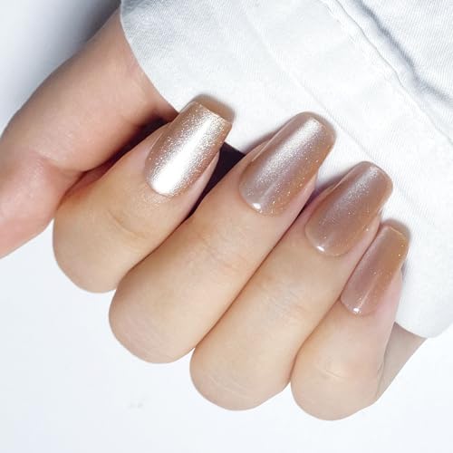 JODSONE 24Pcs Press On Nails Nude Fake Nail Tips Square Bling Glossy Gel Nail Tips Shiny Pink Stick on Nails for Women Manicure… - Nude