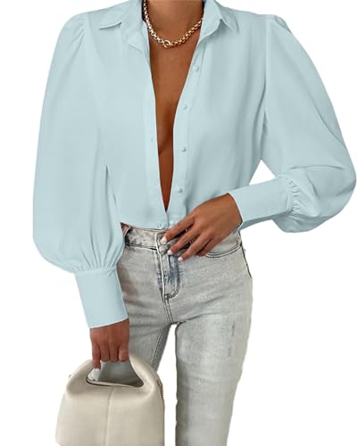 BTFBM Women Fashion Button Down Shirts Lapel V Neck Printed Boho Long Sleeve Blouses Dressy Casual Summer Spring Tops - Medium - Solid Light Blue