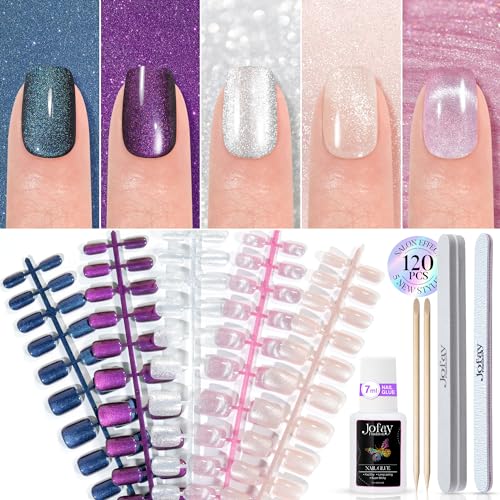 Cat Eye Press on Nails Short 5 Styles, Jofay Fashion 120Pcs Salon-Like Fake Nails with Glitter Galaxy Chasing Light Cat Eye Designs, Artificial Acrylic Nails Gel Glue on Nails Stick on Nails for Women - Set B