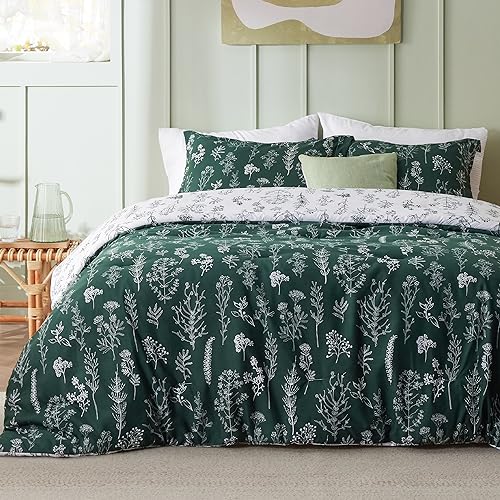 Bedsure Comforter Set - 3 Pieces, 1 Soft Reversible Botanical Flowers Comforter and 2 Pillow Shams - Full - Emerald