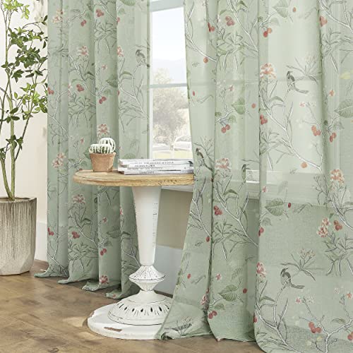 XTMYI Sage Green Curtains 84 Inch Length for Living Room 2 Panels Set Spring Design Printed Pattern Floral Bird Leaf Sheer Window Curtain Panels for Bedroom 84 Inches Long,Light Green - 52"x84" - Sage Green