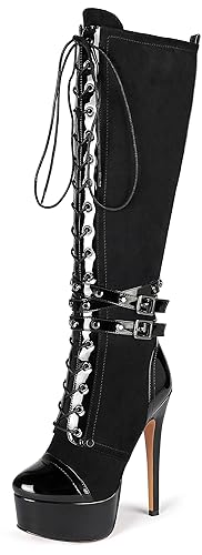 Eldof Women's Knee-High Boots Platform Lace Up High Heeled Stiletto Sexy Boot for Party - 8 - Black