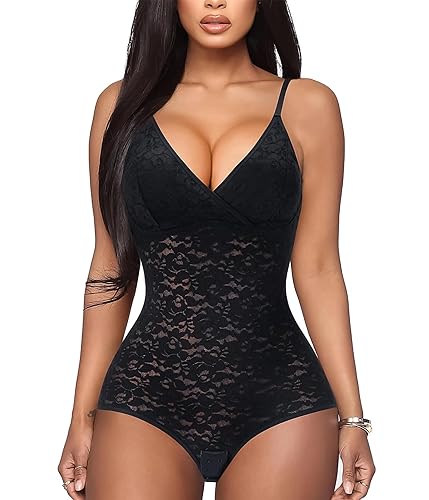 BRABIC Lace Bodysuit for Women Tummy Control Shapewear Sleeveless Tops V-Neck Backless Camisole Jumpsuit Shaper - Black - Large