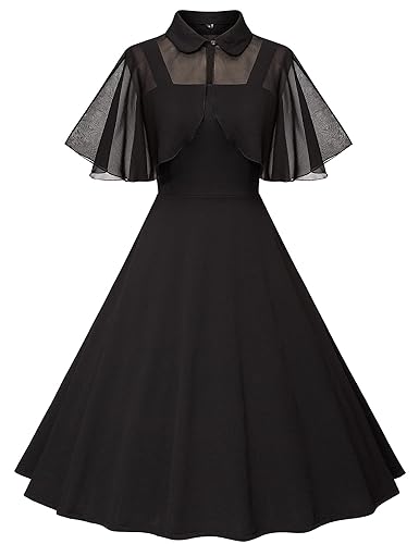Milreason 1950s Dresses for Women Vintage Goth Swing Cocktail Dress with Pockets and Chiffon Shawl - Large - Black