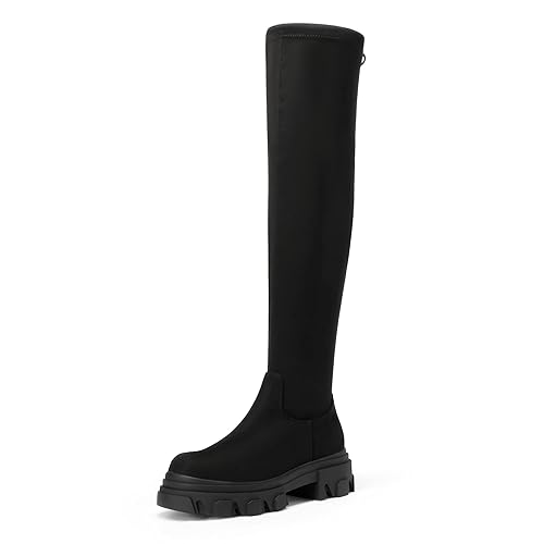 DREAM PAIRS Women's Over The Knee Platform Thigh High Boots Long Stretch Soft Chunky Lug Sole Fall Boots - 8 - Black/Suede