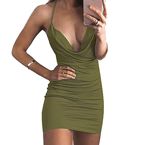 VANCOL Women's Sexy Deep V-Neck Mini Club Dress - Small - Army Green2