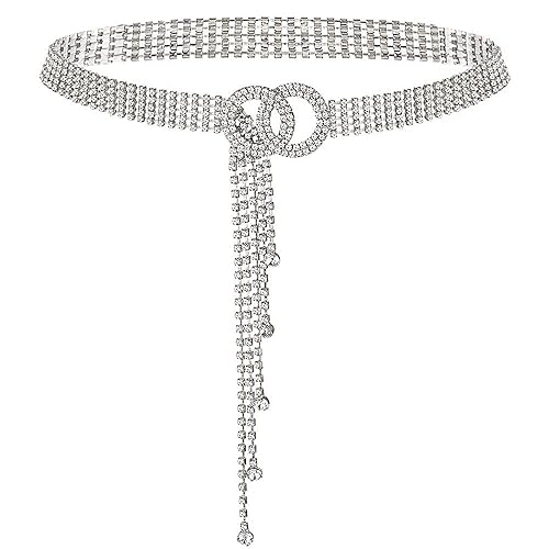 Glamorstar Crystal Belts for Women Rhinestone Waistband Belt for Dress Sparkle O-Ring Chain Gift - Crystal Silver - Large(135cm/53.1in)