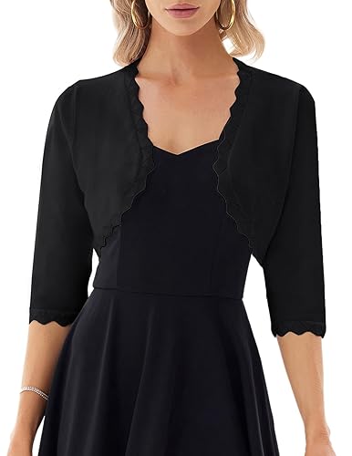GRACE KARIN Women's 3/4 Sleeve Open Front Scalloped Knit Cropped Bolero Shrug Cardigan - Medium - Black