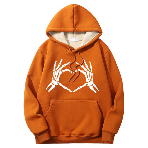 Skull Hand Love Heart Warm Fleece Sherpa Lined Hoodie - Orange / 3XL (Bust 116 cm)