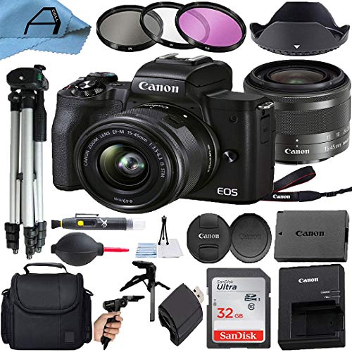 Canon EOS M50 Mark II Mirrorless Digital Camera 24.1MP Sensor with EF-M 15-45mm is STM Zoom Lens, SanDisk 32GB Memory Card, Bag, Tripod, Filters, A-Cell Accessory Bundle (Black) - 32GB Card