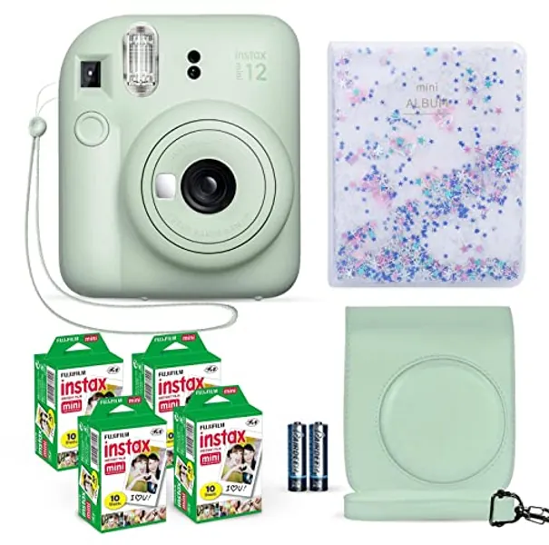 Fujifilm Instax Mini 12 Instant Camera Mint Green + Fuji Film Value Pack (40 Sheets) + Shutter Accessories Bundle, Incl. Compatible Carrying Case, Quicksand Beads Photo Album 64 Pockets