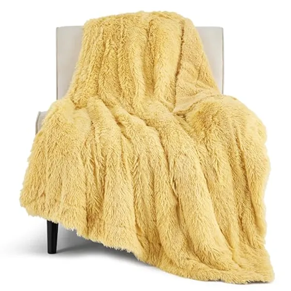 Bedsure Soft Fuzzy Faux Fur Light Yellow Throw Blanket ā Cozy, Fluffy, Plush Sherpa Fleece Yellow Blanket, Furry, Shaggy Blanket for Couch, Bed, Sofa, Thick Warm Blankets for Women, 50x60, 640 GSM