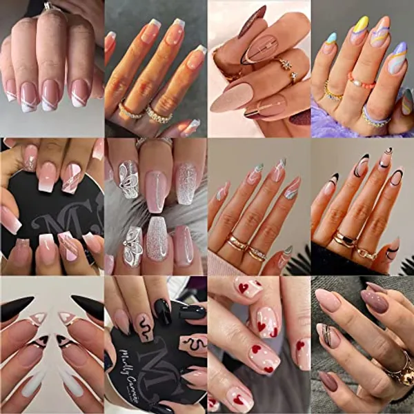 12 Packs (288 Pcs) Press on Nails Medium and Short, Misssix Fake Glue on False Nails Almond and Square with Glue for Women