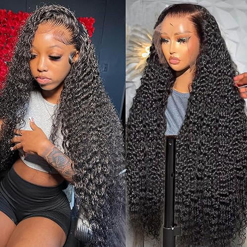 Lemoda 220% Density 12A Virgin 13x6 Water Wave Full Lace Frontal Wig Human Hair Pre Plcked 13x6 Deep Wave Frontal Wigs Human Hair HD Transparent Lace Curly Human Hair Wigs For Black Women 28 Inch - 28 Inch - 13x6 220 density wig natural color
