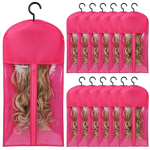 12PCS Wig Holder Wig Storage Wig Bags Storage with Hanger Hair Extension Holder Wig Holder for Multiple Hair Extension Storage Wig Hanger for Multiple Wigs Hair Extensions, Wigs & Accessories - 12 PCS (23.5 Inch) - 12 PCS Hot Pink