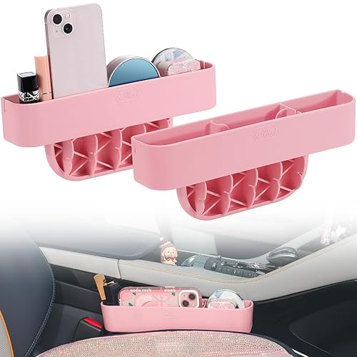 JOYTUTUS 2 Pack Car Pink Gap Filler Organizer,Silicone Console Storage Box for Car Front Seat, with Strong Stability, Universal Fit Cute Car Accessorie - Pink